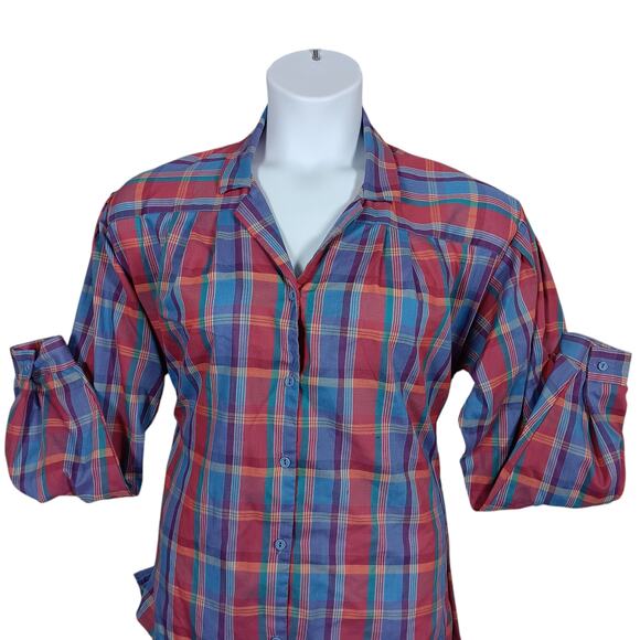VTG Mister Remo Plaid Button Down Blouse Size 16 Red & Blue Collared Long Sleeve - Picture 5 of 12